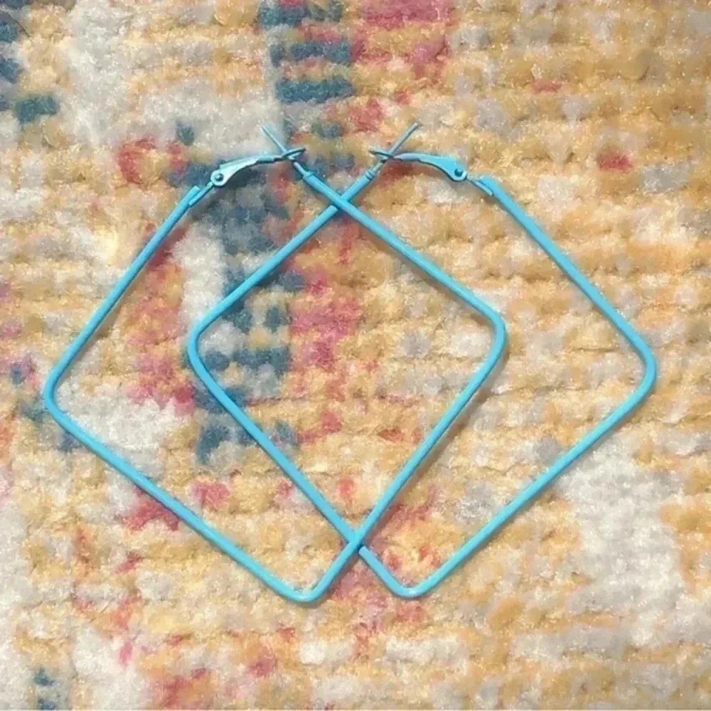 Baby Blue Retro 80’s Large Stainless Steel Square Hoops Earrings NWT